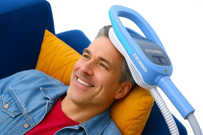 Patient receiving Exomind therapy treatment in a modern brain wellness clinic